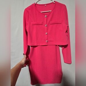 NWOT- Chic 2pc Hot Pink Dress With Sliver Buttons